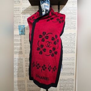 CHANEL Red and Black Floral Logo Scarf Wrap